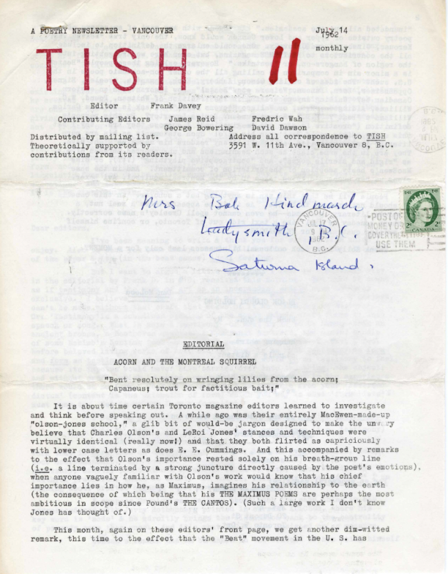 A yellowing peice of paper with the title "TISH" printed at the top.