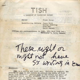 A long, yellowing peice of paper with the title "TISH" printed at the top. 